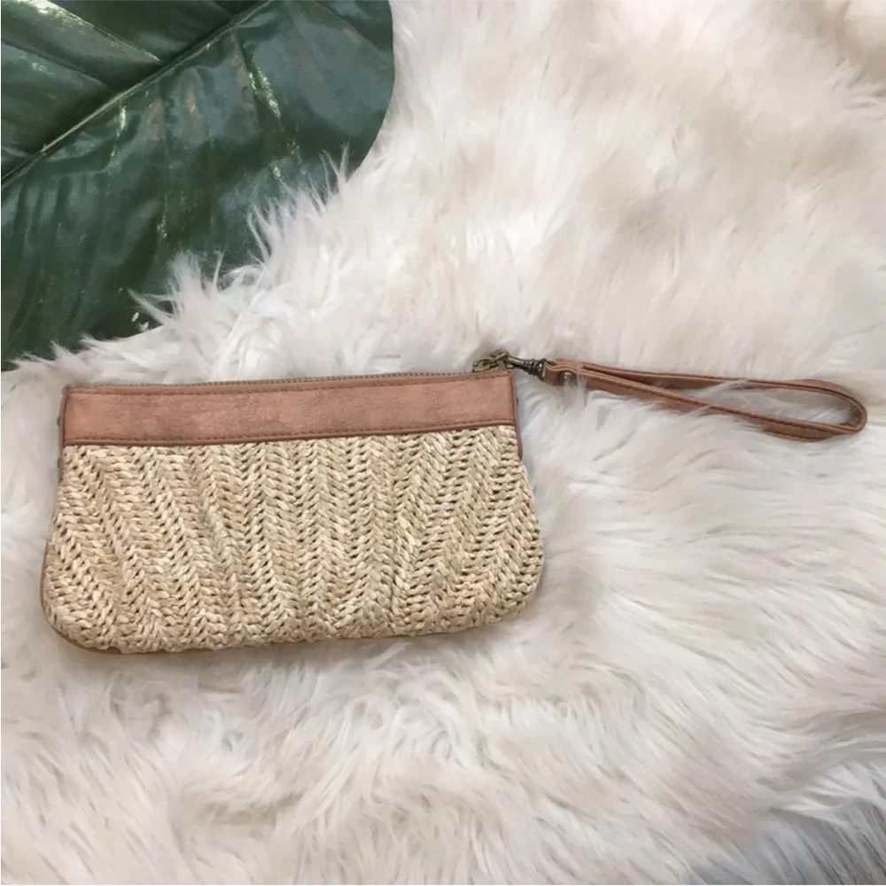 Express Women’s Woven Straw Wrislet Orange Brown Buckle Detail Summer Clutch